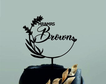 Adorno para tarta de boda negra / Adornos para tarta de boda "Sr. y Sra." / Corona de madera con lavanda / Adorno para tarta con nombre personalizado