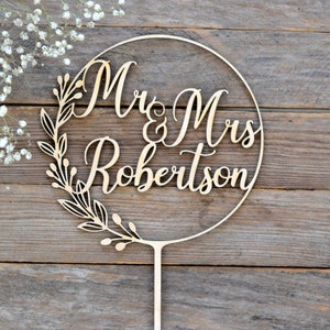 Cake Toppers for Wedding Wooden Wreath with Leaves and Berries Personalized Name Cake Topper Floral Wedding Decor Mr and Mrs image 1