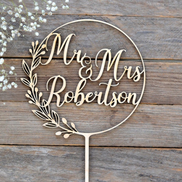 Cake Toppers for Wedding | Wooden Wreath with Leaves and Berries | Personalized Name Cake Topper | Floral Wedding Decor | Mr and Mrs