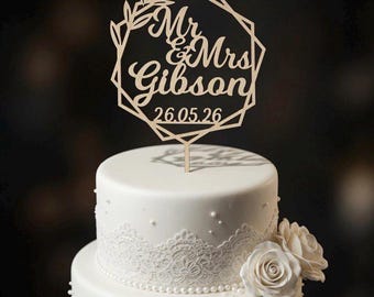 Adornos hexagonales para tartas de boda, Adorno para tarta de boda "Sr. y Sra.", Adorno para tarta de madera y acrílico
