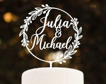 Personalized Wedding Cake Topper With Rustic Wreath, White Cake Toppers for Wedding, Mr and Mrs Cake Topper, Name Gold Silver Black