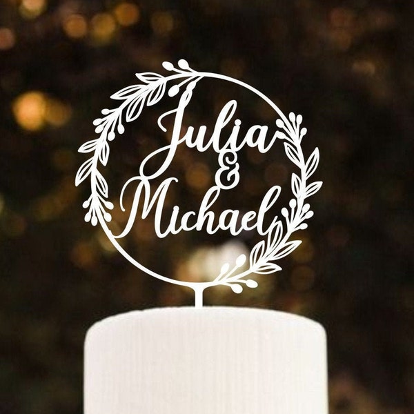 Personalized Wedding Cake Topper With Rustic Wreath, White Cake Toppers for Wedding, Mr and Mrs Cake Topper, Name Gold Silver Black