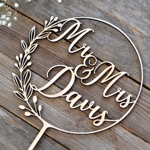 Cake Toppers for Wedding Wooden Wreath with Leaves and Berries Personalized Name Cake Topper Floral Wedding Decor Mr and Mrs image 6