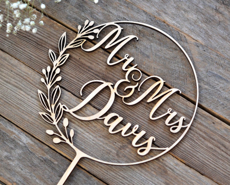 Cake Toppers for Wedding Wooden Wreath with Leaves and Berries Personalized Name Cake Topper Floral Wedding Decor Mr and Mrs image 6