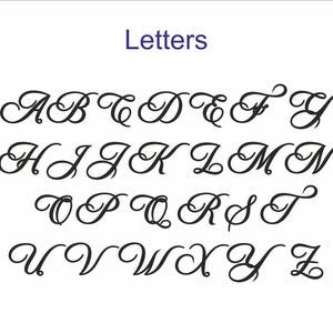 May include: A complete alphabet in a black, elegant script font. The letters are displayed in rows on a white background, with the word "Letters" in purple at the top.