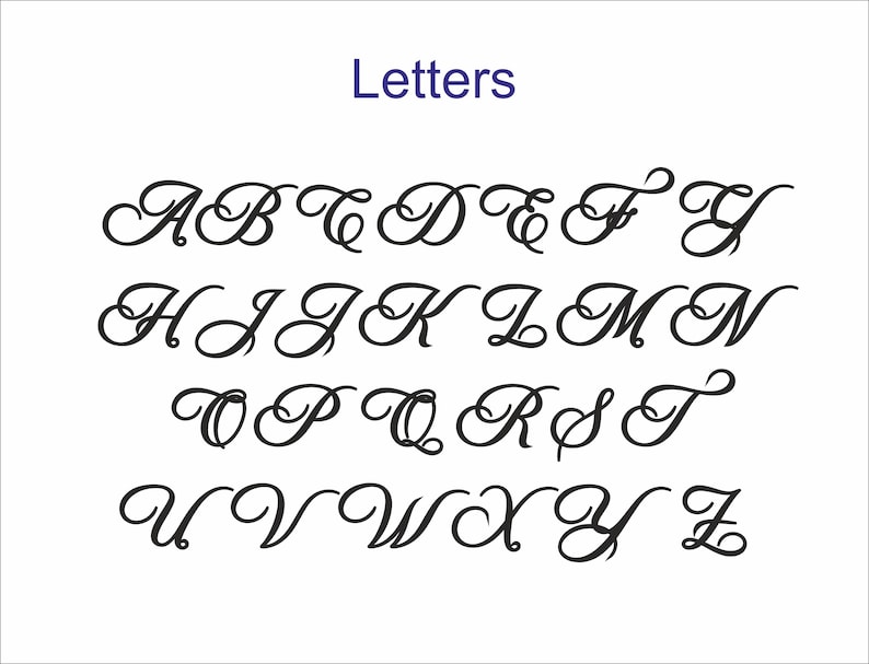May include: A complete alphabet in a black, elegant script font. The letters are displayed in rows on a white background, with the word "Letters" in purple at the top.