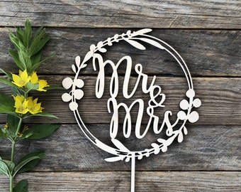 Mr and Mrs Eucalyptus Wreath Cake Toppers Wooden Floral Wedding Decor