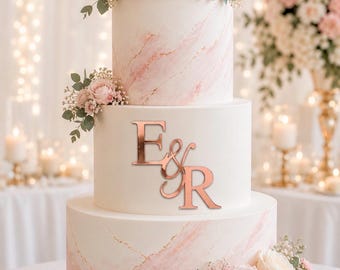 Adorno para pastel de bodas con iniciales en oro rosa y espejo, dije de boda de caligrafía acrílica, adorno para pastel con monograma, letras de caligrafía