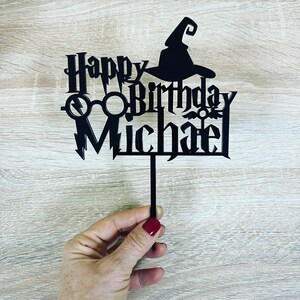 Wizard 8th Birthday Cake Topper - Black Glitter, Boy & Girl Design For 8th Birthday Party