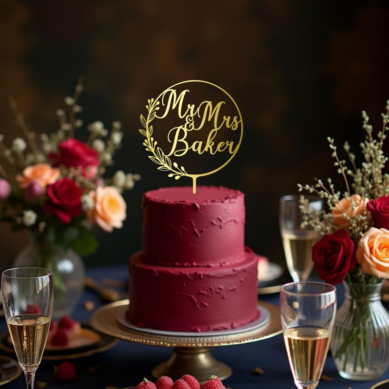 May include: A two-tiered burgundy cake with a gold cake topper that reads "Mr & Mrs Baker" in a circular design. The cake sits on a gold cake stand, surrounded by flowers and champagne glasses, perfect for a wedding.