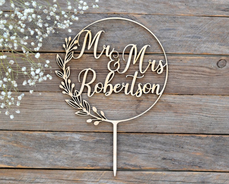Cake Toppers for Wedding Wooden Wreath with Leaves and Berries Personalized Name Cake Topper Floral Wedding Decor Mr and Mrs image 1
