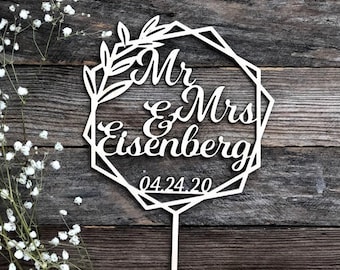 Mr and Mrs Wedding Cake Topper, Hexagon Wreath, Wooden or Acrylic