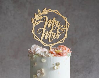 Mr and Mrs Wedding Cake Topper Hexagon Wooden Cake Toppers for Wedding Cake Decor