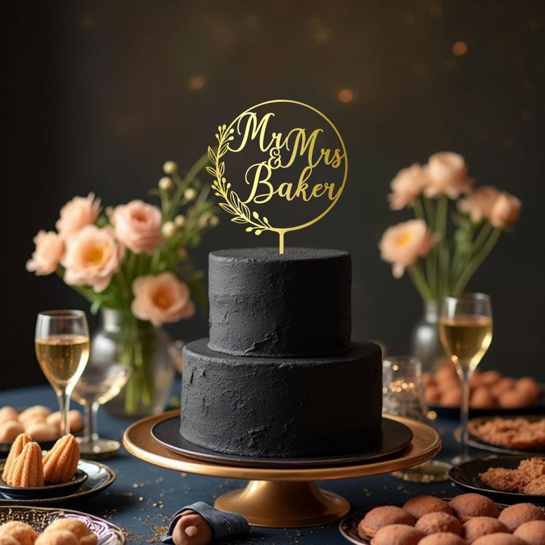 May include: A two-tiered black cake with a gold cake topper that reads "Mr & Mrs Baker" in a circular design with floral accents. The cake sits on a gold cake stand, surrounded by flowers and glasses.