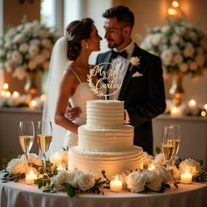 May include: A three-tiered white wedding cake with a topper that reads "Mr & Mrs Carter" is the centerpiece of a wedding reception. The cake is surrounded by white roses, candles, and champagne glasses. A couple is embracing in the background.
