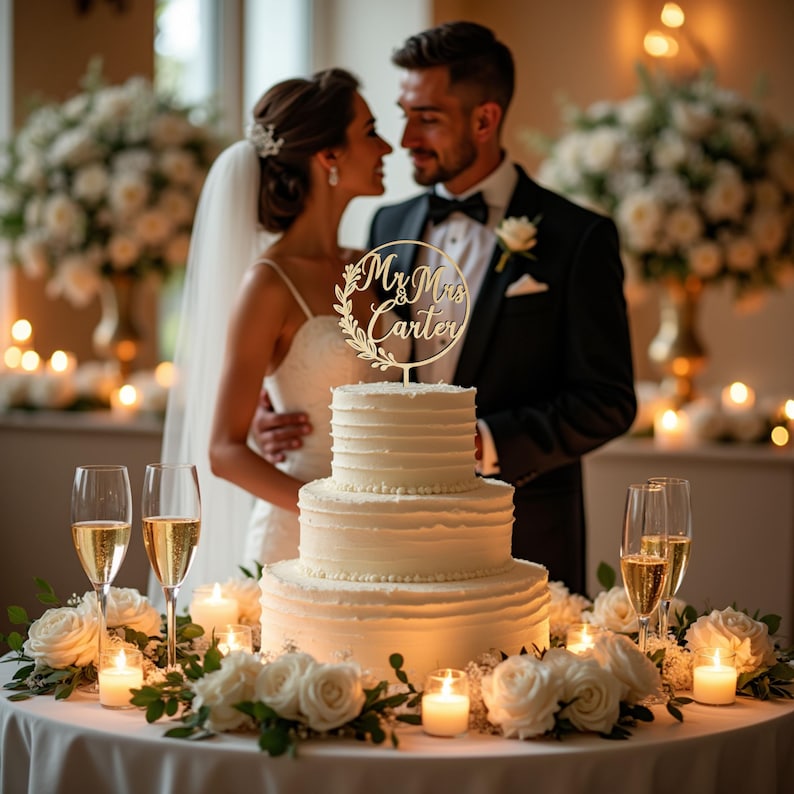May include: A three-tiered white wedding cake with a topper that reads "Mr & Mrs Carter" is the centerpiece of a wedding reception. The cake is surrounded by white roses, candles, and champagne glasses. A couple is embracing in the background.