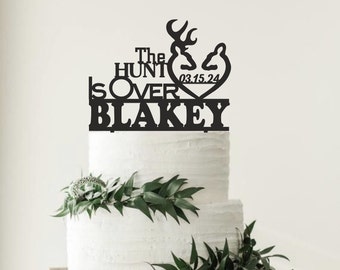 The Hunt Is Over | Custom Wedding Cake Topper with Data | Rustic Country Wood Cake toppers for wedding Black