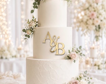 Adorno para tarta de bodas con iniciales, adorno acrílico para tarta, monograma con dije, adornos para tarta de boda, letras caligráficas espejadas para tarta.