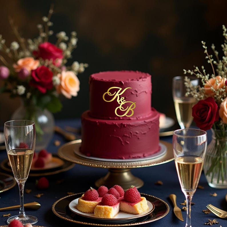 May include: A two-tiered burgundy cake with gold initials "K&B" on top, displayed on a gold cake stand. The table setting includes champagne flutes, plates with desserts, and floral arrangements.