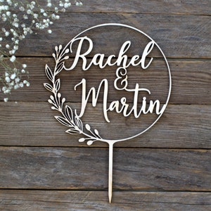 Cake Toppers for Wedding Wooden Wreath with Leaves and Berries Personalized Name Cake Topper Floral Wedding Decor Mr and Mrs image 2