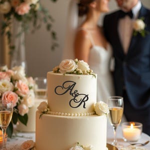 May include: A two-tiered wedding cake with white frosting, adorned with fresh roses and the initials "A&R". The cake sits on a gold cake board, surrounded by champagne glasses and a lit candle. A couple is blurred in the background.