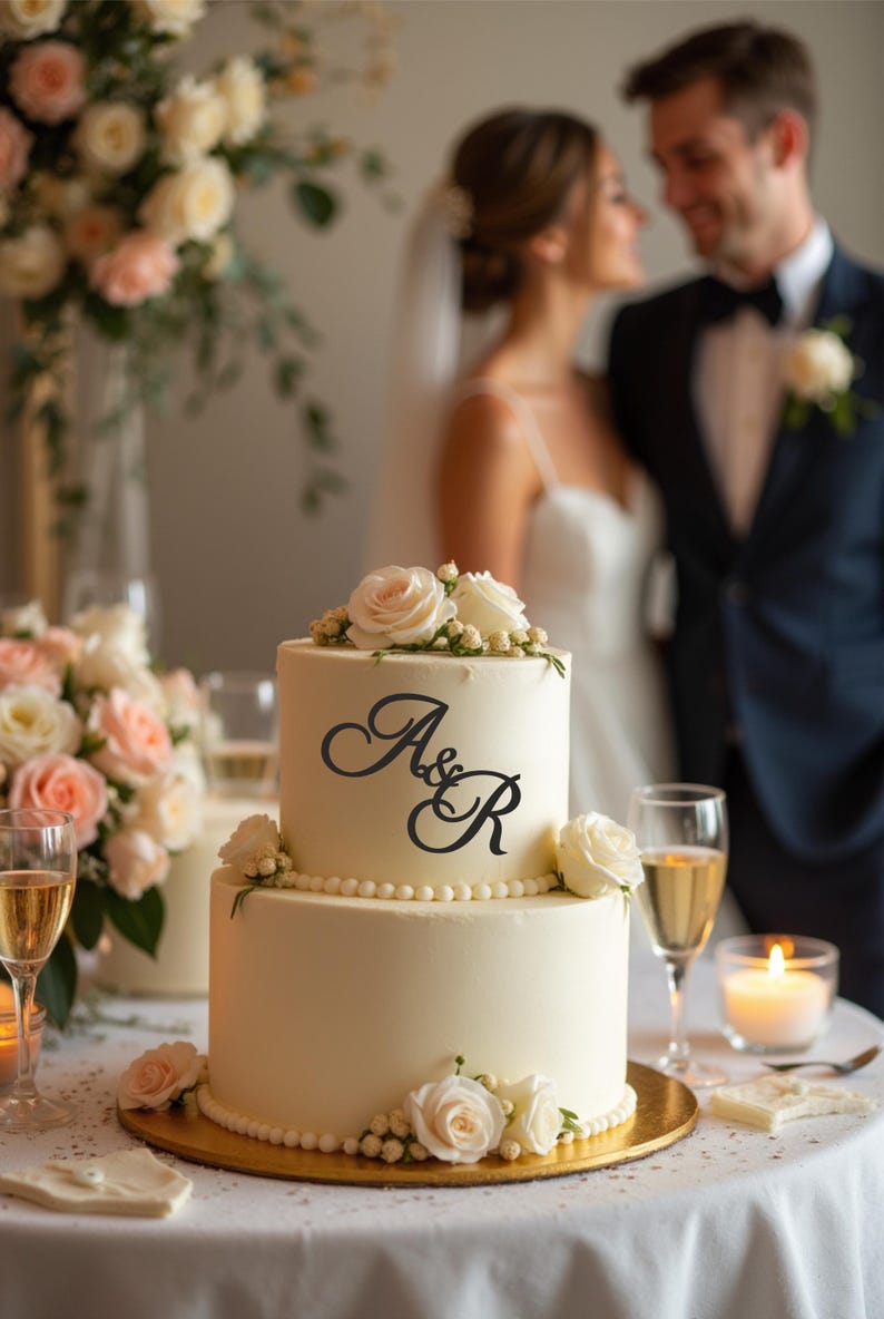 May include: A two-tiered wedding cake with white frosting, adorned with fresh roses and the initials "A&R". The cake sits on a gold cake board, surrounded by champagne glasses and a lit candle. A couple is blurred in the background.