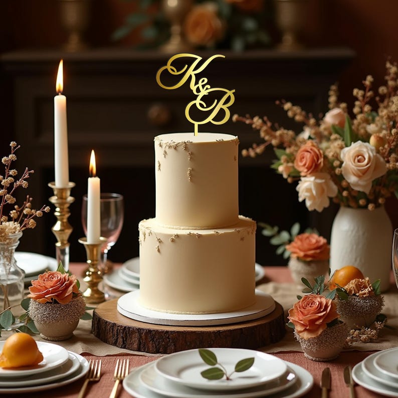 May include: A two-tiered wedding cake with a gold "K & B" topper. The cake is light beige with gold accents and sits on a wooden base. The table is set with plates, silverware, candles, and floral arrangements.