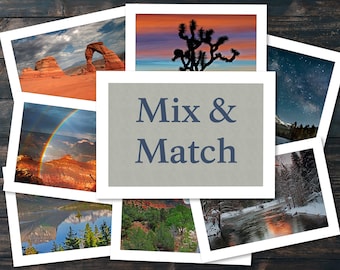 May include: A collage of nine photographs showcasing various landscapes, including a desert arch, a rainbow over a canyon, a starry night sky, a lake with a reflection of mountains, a snowy river, and a desert landscape with a Joshua tree. The text "Mix & Match" is displayed in the centre of the collage.