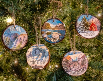 Yosemite Christmas Ornaments | Holiday Tree Decor | National Park Gifts | Yosemite Valley Winter Scenes | Natural Wood Slice