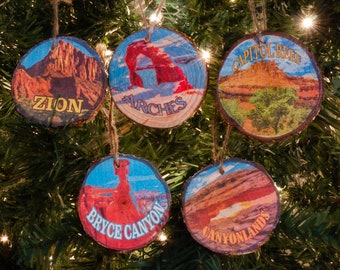 Utah Christmas Ornaments | Holiday Tree Decor | National Park Winter Gifts | Natural Wood Slice