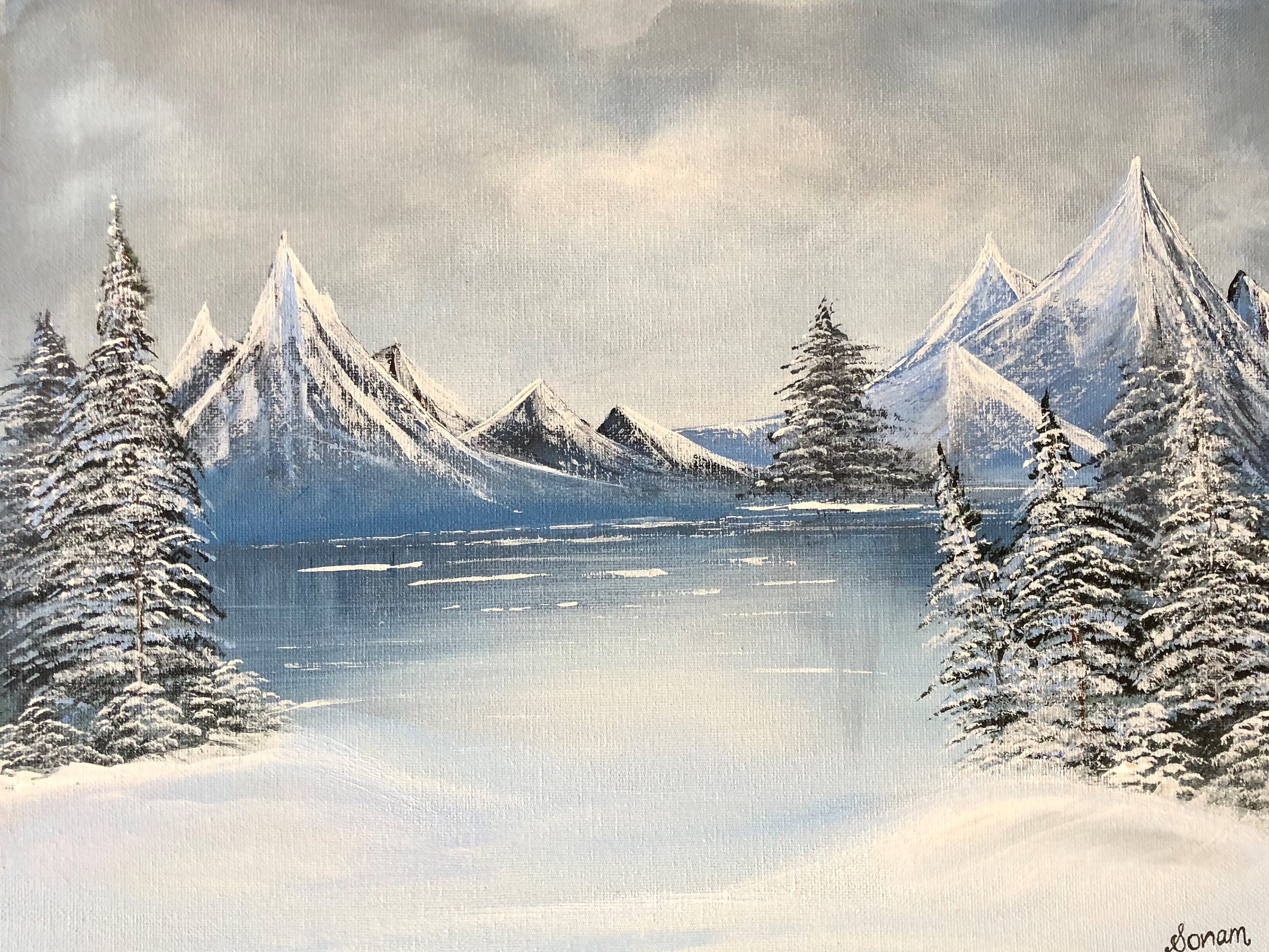 Winter Scene Original Painting. Snow mountains trees and Etsy