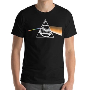 Puede incluir: Camiseta negra con un gráfico blanco de un triángulo con una cara y un haz de luz arcoíris. El diseño es una parodia de la portada del álbum Dark Side of the Moon.