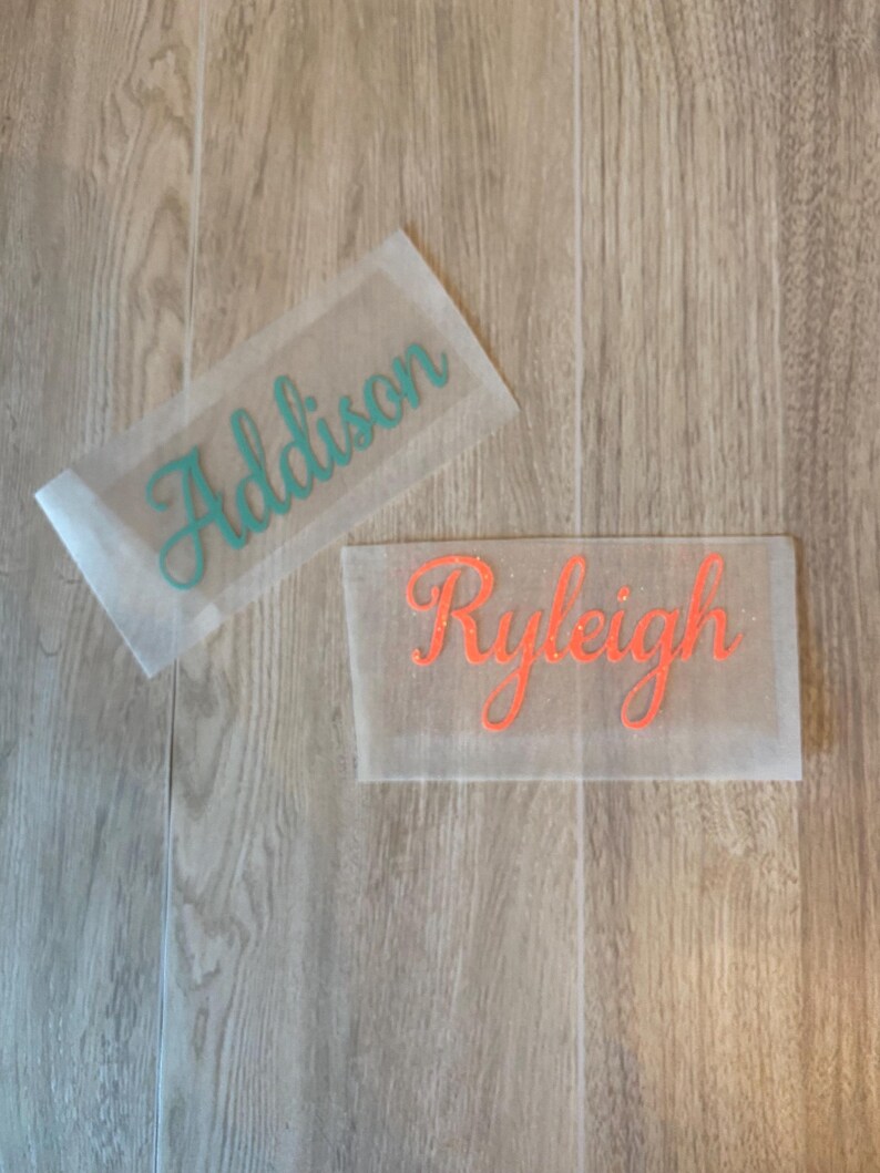 Ryleigh Script Personalized Name Iron on Decal: Custom Word Heat Transfer, Cheer Bow ...