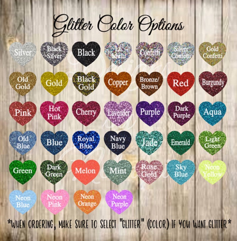 Op de afbeelding: Een kaart met glitterkleuropties voor knutselprojecten. De kleuren worden weergegeven in hartvormen. De kleuren omvatten zilver, zwart, goud, koper, rood, bordeauxrood, roze, kers, lavendel, paars, aqua, blauw, koninklijk blauw, marineblauw, jade, smaragd, lichtgroen, groen, donkergroen, meloen, mint, roosgoud, hemelsblauw, neon geel, neon blauw, neon roze, neon oranje en neon paars.