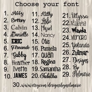 May include: A list of 30 different fonts, each with a name and a number. The font names are in black text on a light wood background. The text at the top of the image reads "Choose your font".