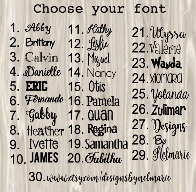 May include: A list of 30 different fonts, each with a name and a number. The font names are in black text on a light wood background. The text at the top of the image reads "Choose your font".