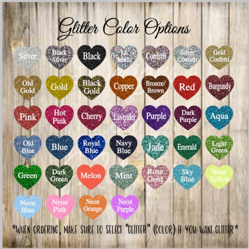 May include: A chart of glitter color options for crafting projects. The colors are displayed in heart shapes and include silver, gold, black, copper, bronze, red, burgundy, pink, cherry, lavender, purple, dark purple, aqua, blue, royal blue, navy blue, jade, emerald, light green, green, dark green, melon, mint, rose gold, sky blue, neon yellow, neon blue, neon pink, neon orange, and neon purple.