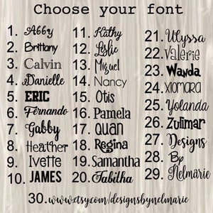 Op de afbeelding: Een lijst van 30 verschillende lettertypen, genummerd van 1 tot en met 30, waarbij elke lettertype naam in de overeenkomstige lettertype stijl is geschreven. De lijst bevat namen zoals Abby, Brittany, Calvin, Danielle, ERIC, Fernando, Gabby, Heather, Ivette, JAMES, Kathy, Leslie, Miguel, Nancy, Otis, Pamela, Quan, Regina, Samantha, Tabitha, Ulyssa, Valerie, Wanda, XIOMARA, Yolanda, Zulimar, Designs, By en Nelmarie. De lijst eindigt met het website adres www.etsy.com/designsbynelmarie.