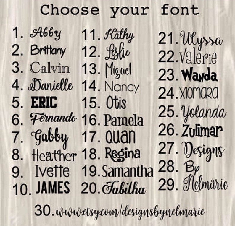 Op de afbeelding: Een lijst van 30 verschillende lettertypen, genummerd van 1 tot en met 30, waarbij elke lettertype naam in de overeenkomstige lettertype stijl is geschreven. De lijst bevat namen zoals Abby, Brittany, Calvin, Danielle, ERIC, Fernando, Gabby, Heather, Ivette, JAMES, Kathy, Leslie, Miguel, Nancy, Otis, Pamela, Quan, Regina, Samantha, Tabitha, Ulyssa, Valerie, Wanda, XIOMARA, Yolanda, Zulimar, Designs, By en Nelmarie. De lijst eindigt met het website adres www.etsy.com/designsbynelmarie.