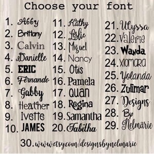 Op de afbeelding: Een lijst van 30 verschillende lettertypen, genummerd van 1 tot en met 30, waarbij elke lettertype naam in de overeenkomstige lettertype stijl is geschreven. De lijst bevat namen zoals Abby, Brittany, Calvin, Danielle, ERIC, Fernando, Gabby, Heather, Ivette, JAMES, Kathy, Leslie, Miguel, Nancy, Otis, Pamela, Quan, Regina, Samantha, Tabitha, Ulyssa, Valerie, Wanda, XIOMARA, Yolanda, Zulimar, Designs, By en Nelmarie. De lijst eindigt met het website adres www.etsy.com/designsbynelmarie.