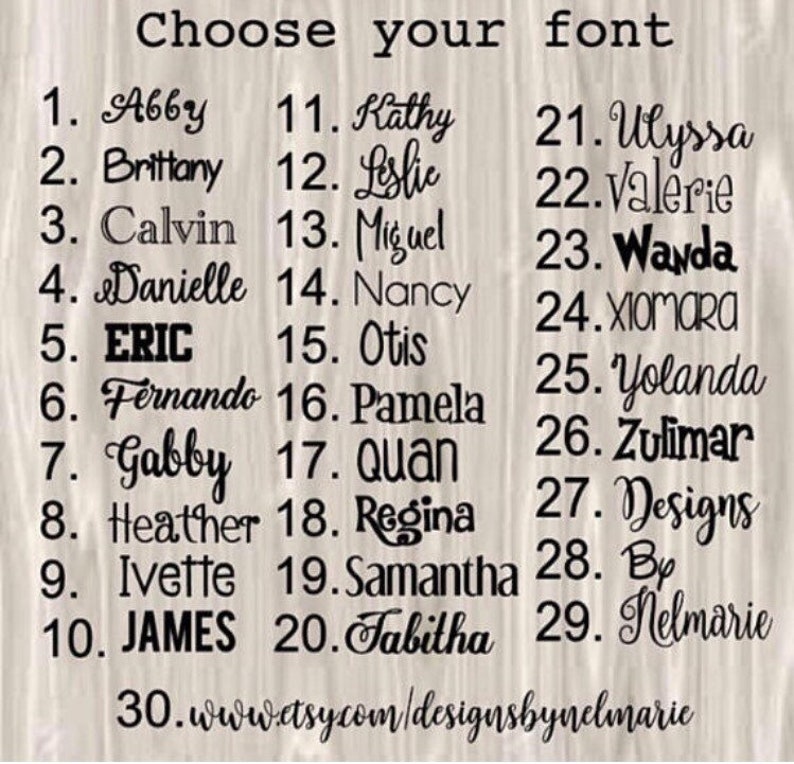 Op de afbeelding: Een lijst van 30 verschillende lettertypen, genummerd van 1 tot en met 30, waarbij elke lettertype naam in de overeenkomstige lettertype stijl is geschreven. De lijst bevat namen zoals Abby, Brittany, Calvin, Danielle, ERIC, Fernando, Gabby, Heather, Ivette, JAMES, Kathy, Leslie, Miguel, Nancy, Otis, Pamela, Quan, Regina, Samantha, Tabitha, Ulyssa, Valerie, Wanda, XIOMARA, Yolanda, Zulimar, Designs, By en Nelmarie. De lijst eindigt met het website adres www.etsy.com/designsbynelmarie.