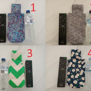 May include: Four different fabric pouches with a zipper closure. Each pouch is shown with a remote control and a water bottle. The pouches are in various patterns: paisley, geometric, chevron, and floral.