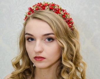 Red gold floral crown Tulip hair peice Flower wedding tiara Handmade gift for her Ukraine folk art Bridesmaid accessories Red flowers wreath