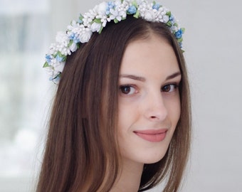 Flower crown wedding Floral headband Bridal accessories First holy communion hair peice White rose blue tulip Flower girl wreath