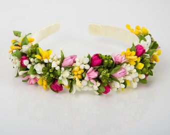 Colorful flower headband Spring floral crown Vinok pink white yellow headpiece wedding hair accessories ukrainian headband