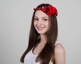 Prêt pour l’expédition Bandeau ukrainien Couronne de roses rouges Bandeau de fleur adulte Couronne de tête de fille de fleur Couronne ukrainienne Bandeau rose rouge