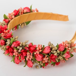 New spring floral crown / coral flower headband / ukrainian headpiece / orange green gold hair accessory