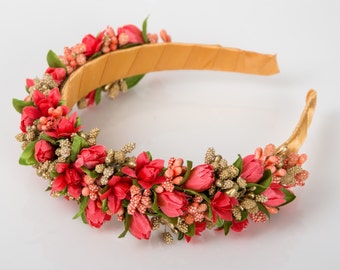 New spring floral crown / coral flower headband / ukrainian headpiece / orange green gold hair accessory