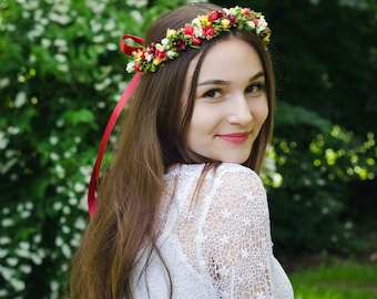 Burgundy flower bow Wedding hair wreath Bridal bohemian crown Handmade Gift for her Ukraine Folk art headband Rustic bride Boho floral