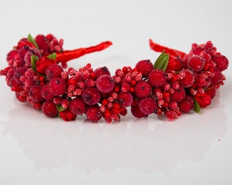 Red floral crown with frozen berries/ tulip headpiece/ Ukrainian headband / Red sparkly berry headband / Vinok / ukrainian wedding